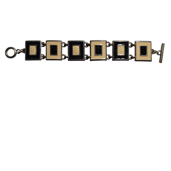 Geometric Black white Enamel Bracelet Silver-Tone Links Toggle Clasp yin yang - Picture 1 of 3